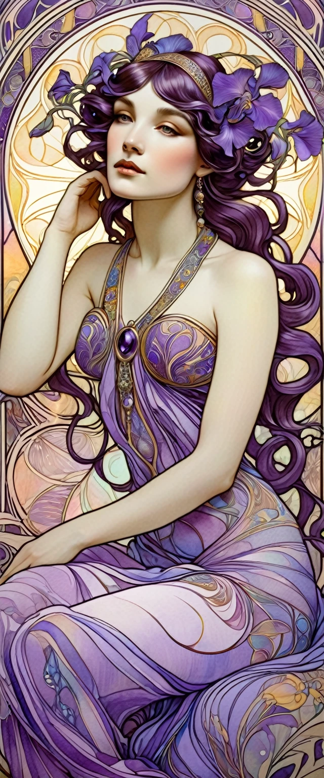 Art Nouveau portrait, surrounded by intricate patterns, in ink and watercolour, beautiful woman, chameleon goddess, amethyst personified, sensual pose, calm pensive gaze. The goddess's dress echoes the colour of purple irises, inspired by Alphonse Mucha.beautiful girl, goddess of topaz, sitting in a pensive pose, dreamy look, looking directly at the viewer, hair illuminated by the rays of the evening sun, in the style of Alphonse Mucha
