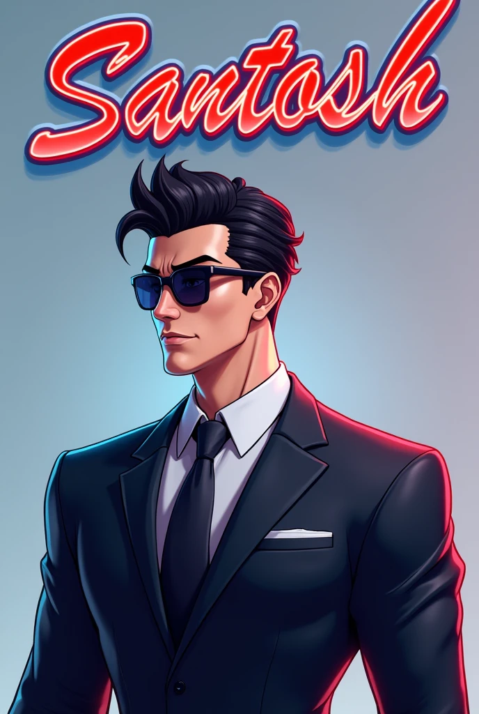 Create A 3D Profile Picture Of An Anime Men Character Wear A Suit And Sunglasses And Cool Hairs And Top Of The Image A Word "SANTOSH"is Written In A Signature Font In Red Blue Lightening Shining Colour.