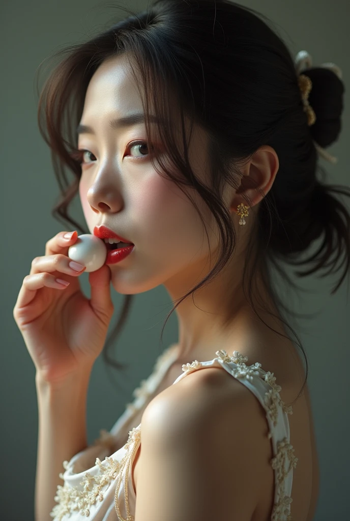 Make a Japanese woman with a penis in front of you,She wants to grab that penis,she grabs that huge penis,she puts the head of the dick in her mouth