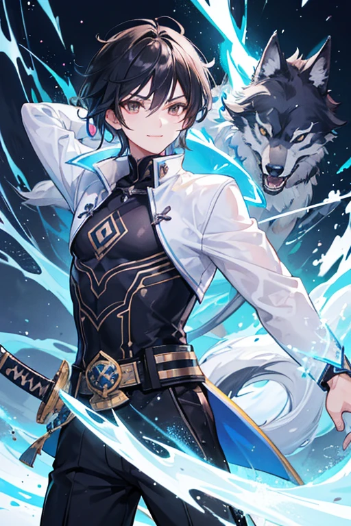 A quiet boy who controls ice and lightning, uses a katana and has a wolf and a small dragon with him. He is calm with a kind and cheerful smile. Everyone loves him. He is mysterious and handsome. He has black hair and dark brown eyes., its ice is bright and electrifying