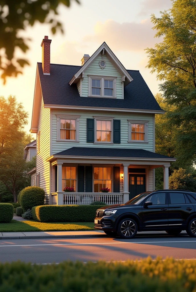 A two side corner house a evening time front of house park a ten black suv car 