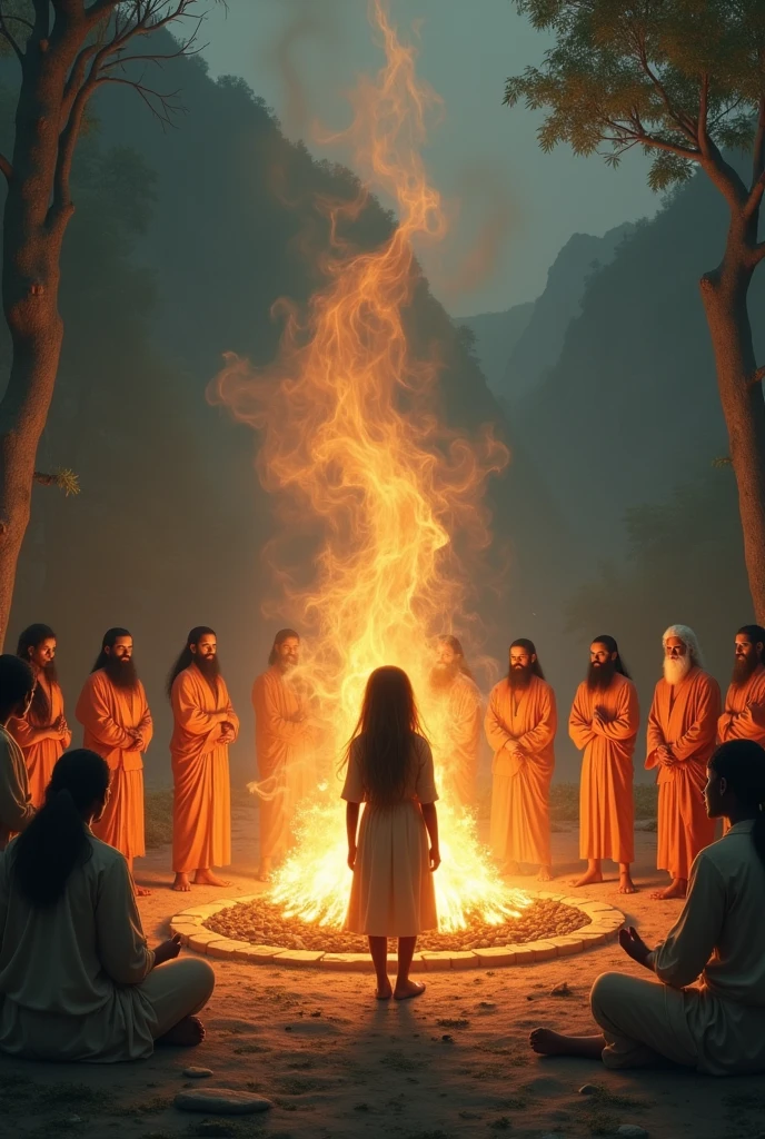 Agni me sap jal rahe hai or us Agni ke charo or kai yogi khade hai lekin unke bich me ek balak khada hai jiske lambe lambe baal hai or vo us Agni ko dekh raha hai 