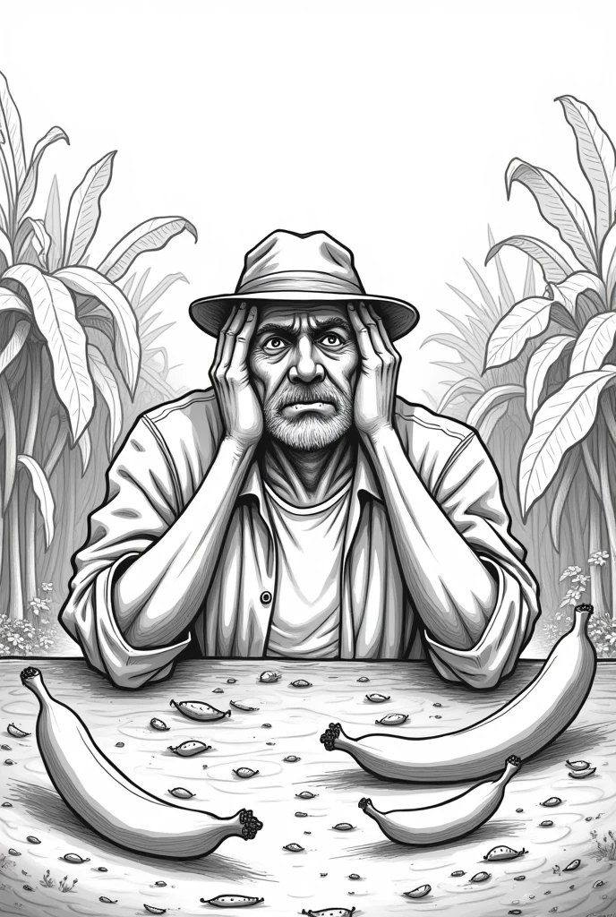 Create an easy to draw black and white drawing, of a slightly older man with a beard and a hat looking worried, frightened and sad at the same time , put your hands on his head , and put it on a banana plantation that is fallen to the ground and destroyed, Put the said man with his hands on his head and staring at the bananas on the floor , Make the bananas small but well watered.
Put a hat on the man and put plenty of bananas on the ground