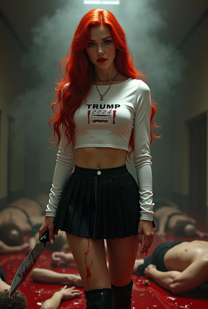 Seductive and Beautiful young woman with a soul of pure evil and hatred. Alluring long red haired serial killer wearing a tight “Trump 2024” long sleeve white shirt, a black pleated microskirt and black ankle high boots. Surrounded by blood and bodies.  She attacks a man viciously, A bloody knife in her right hand. A sinister smile crosses her glossy red lips.