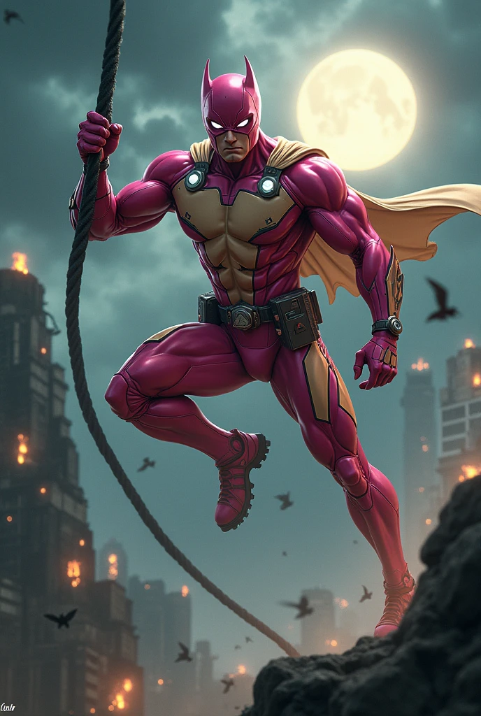Malaysia man in high-tech suit, vivid effects, malaysian superhero (KELUANG MAN) in a striking pink and brown beige costume cyberpunk design((, mask small mini bat ear beige,)) daredevil beige mask, jumpsuit dark pink stands confidently in a dramatic.jumping from high place.hero costume.one hand rise up. (Big triangle logo on the chest.high detail Punisher logo on the chest)). Fighting pose , stormy landscape. ((Head covered node guard like batman. Running pose , athletic body type, small mini ear bat mask))The character wears domino mask a helmet with pointed mini torn ears and a flowing cape biege, open nose and mouth. Equipped with visible futuristic weapons on a belt,bullet proof jacket pink dark day.show fingers pose, dark night, big supermoon effect . Small logo on chest triangle shape small punisher logo center triangle cyber logo center on chest pink logo mini logo . rocky. Building top.smoke ground , bomb effect background, losse pants, losses costume.adding to --ar 3:4 --style raw --stylize 500 --v 6.1. chaos. Lot of small flying bat. One leg on the high stone. Man. Backpack . Real man age 40 year old. One hand holding belt.one hand holding black rope hanging on building