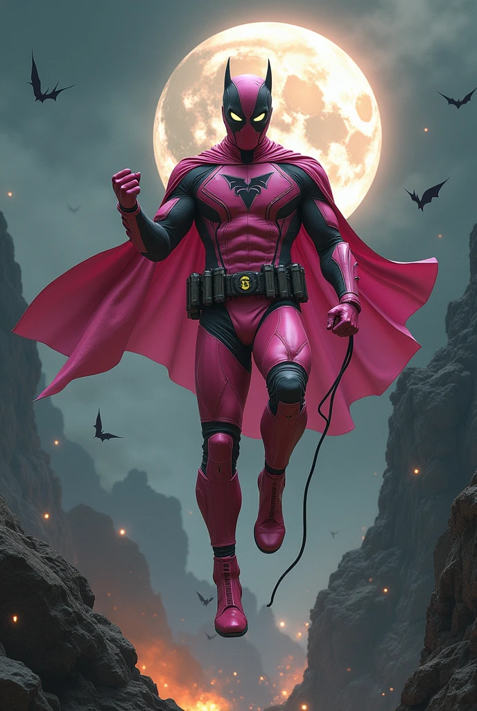Malaysia man in high-tech suit, vivid effects, malaysian superhero (KELUANG MAN) in a striking pink and brown beige costume cyberpunk design((, mask small mini bat ear beige,)) daredevil beige mask, jumpsuit dark pink stands confidently in a dramatic.jumping from high place.hero costume.one hand rise up. (Big triangle logo on the chest.high detail Punisher logo on the chest)). Fighting pose , stormy landscape. ((Head covered node guard like batman. Running pose , athletic body type, small mini ear bat mask))The character wears domino mask a helmet with pointed mini torn ears and a flowing cape biege, open nose and mouth. Equipped with visible futuristic weapons on a belt,bullet proof jacket pink dark day.show fingers pose, dark night, big supermoon effect . Small logo on chest triangle shape small punisher logo center triangle cyber logo center on chest pink logo mini logo . rocky. Building top.smoke ground , bomb effect background, losse pants, losses costume.adding to --ar 3:4 --style raw --stylize 500 --v 6.1. chaos. Lot of small flying bat. One leg on the high stone. Man. Backpack . Real man age 40 year old. One hand holding belt.one hand holding black rope hanging on building
