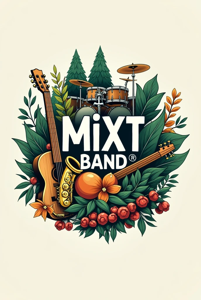 Make a logo with the name “mixt band bucovina”. The logo must have some instruments and nature