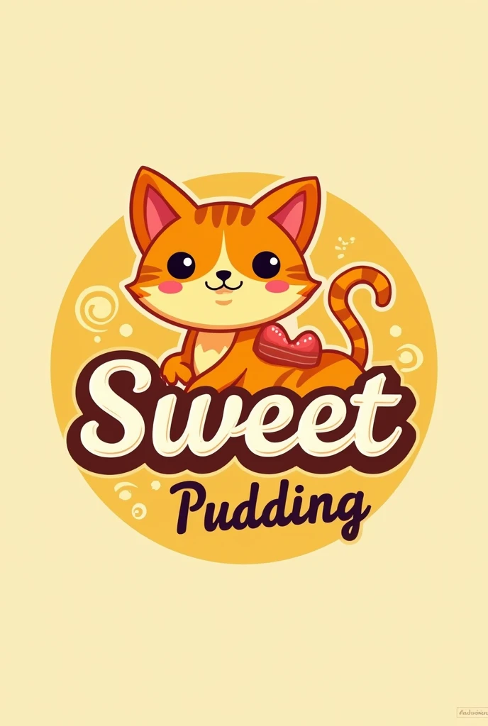 Create a logo in Brazilian Portuguese for a bakery that sells pudding, with the name of "Sweet Pudding" with a cat (orange) and a pudding. Prioritizing colors