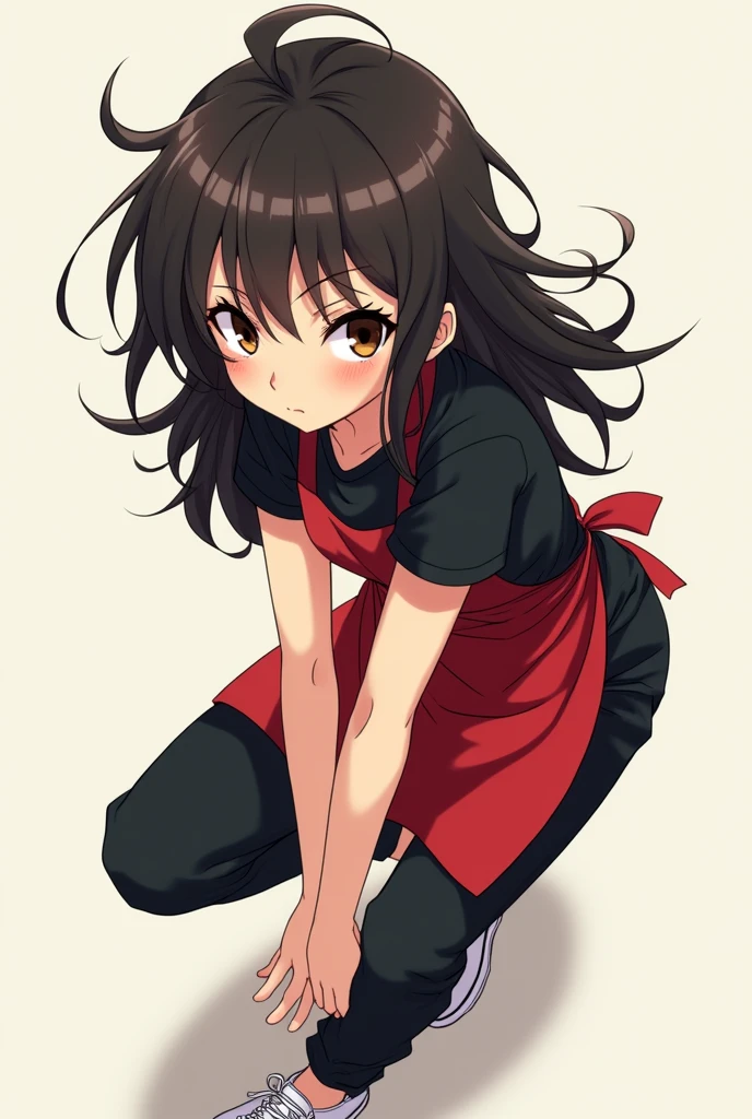 Create a brunette anime girl with long black hair and her hair would be somewhat unruly and brown pupils and in her eyes you can see dark circles of sleeplessness with a black shirt and a red apron also put black pants and white tennis shoes on her and with an action pose