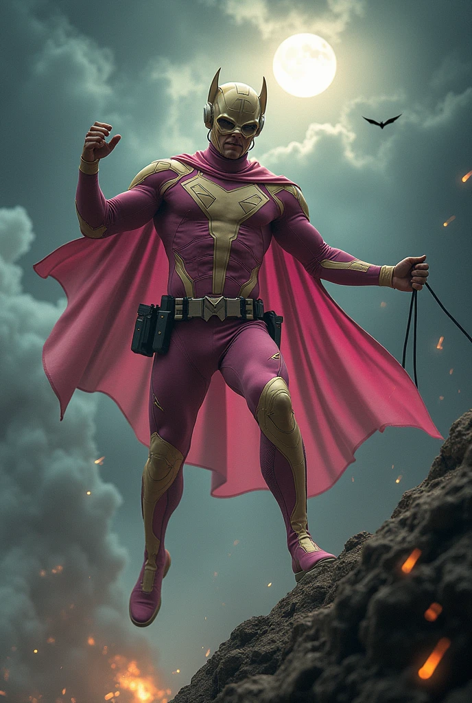 Malaysia man in high-tech suit, vivid effects, malaysian superhero (KELUANG MAN) in a striking pink and brown beige costume cyberpunk design((, mask small mini bat ear beige,)) daredevil beige mask, jumpsuit dark pink stands confidently in a dramatic.jumping from high place.hero costume.one hand rise up. (Big triangle logo on the chest.high detail Punisher logo on the chest)). Fighting pose , stormy landscape. ((Head covered node guard like batman. Running pose , athletic body type, small mini ear bat mask))The character wears domino mask a helmet with pointed mini torn ears and a flowing cape biege, open nose and mouth. Equipped with visible futuristic weapons on a belt,bullet proof jacket pink dark day.show fingers pose, dark night, big supermoon effect . Small logo on chest triangle shape small punisher logo center triangle cyber logo center on chest pink logo mini logo . rocky. Building top.smoke ground , bomb effect background, losse pants, losses costume.adding to --ar 3:4 --style raw --stylize 500 --v 6.1. chaos. Lot of small flying bat. One leg on the high stone. Man. Backpack . Real man age 40 year old. One hand holding belt.one hand holding black rope hanging on building
