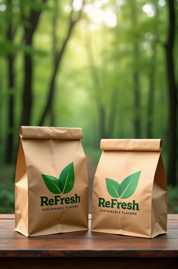 a mockup of two kraft bags with the leaf logo and the company name (ReFresh) e o slogan: Sustainable Flavors (make everything in brown and green colors) at a table in the forest (both identical)