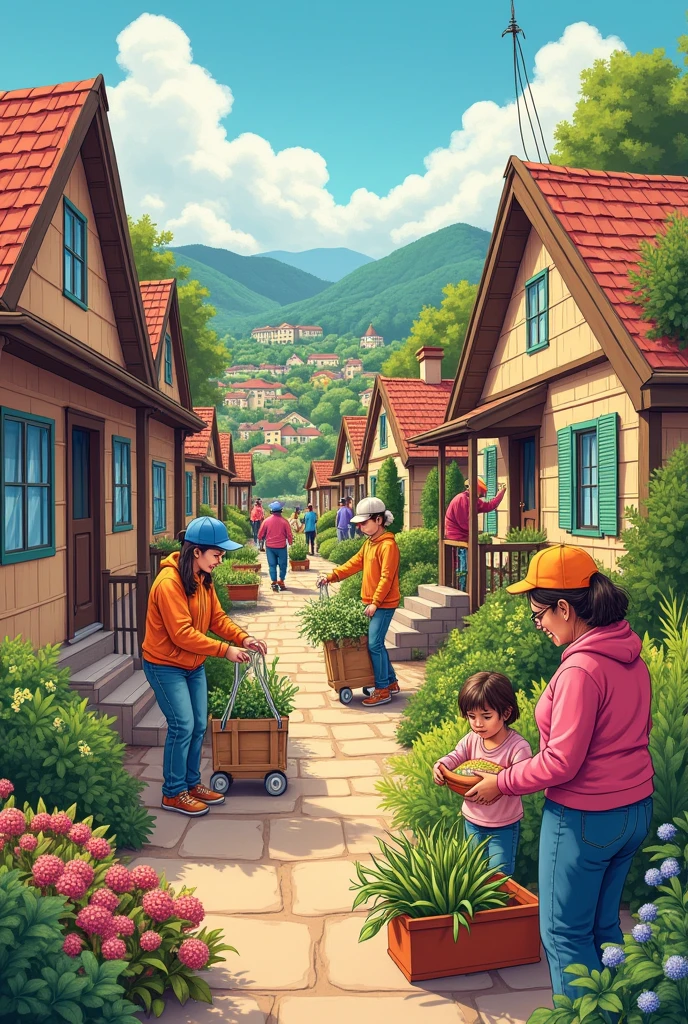 Color drawing showing people working together in a community, helping others or participating in volunteer activities.