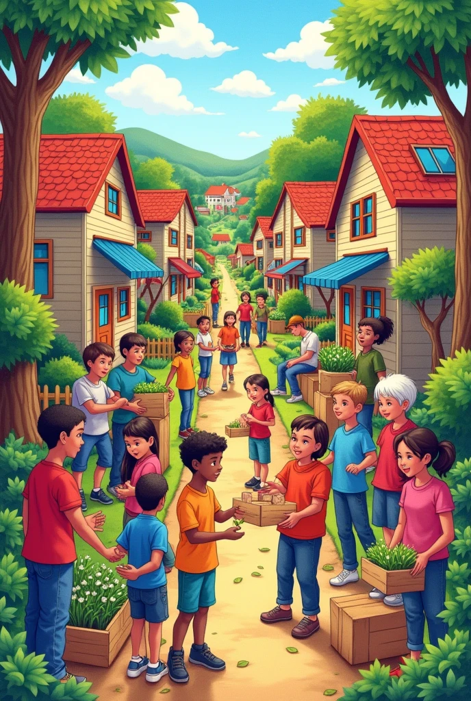 Color drawing showing people working together in a community, helping others or participating in volunteer activities.