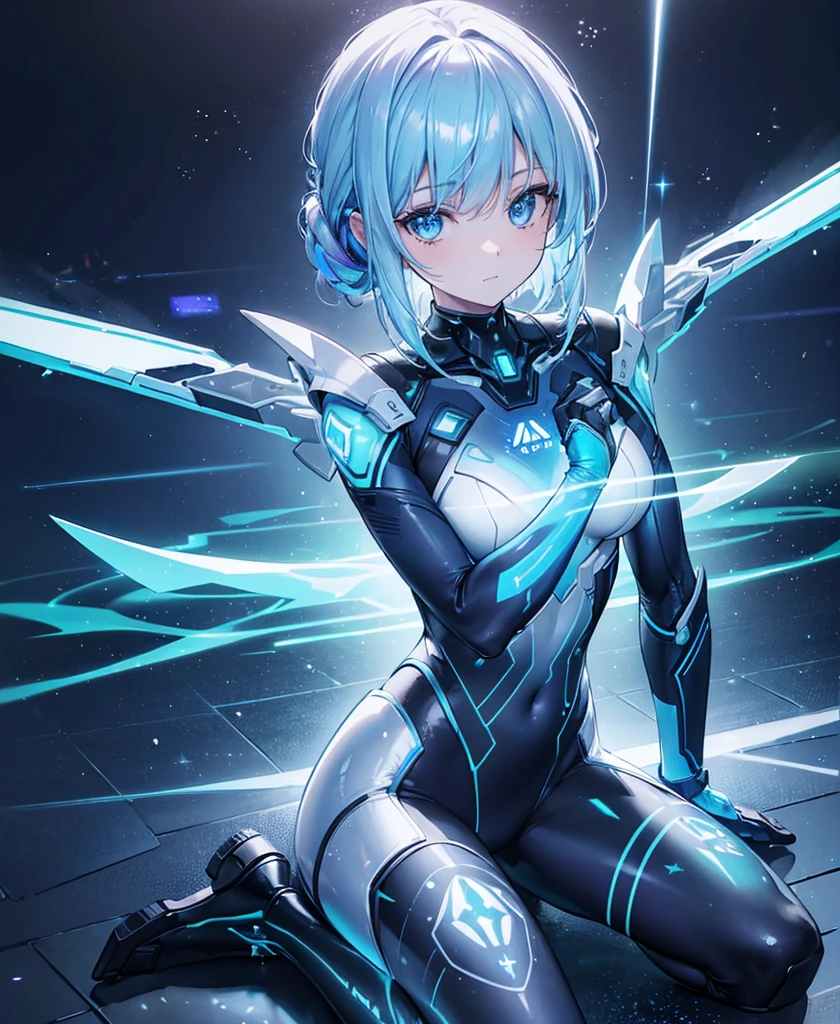 ((Holographic glow effect)),8k, Highest quality, (real:1.4), Original photo, 1 person, Asari Hair, Biological Amplifier, refined armor, posture: Peace talks between warring factions, smart blue eyes,whole body