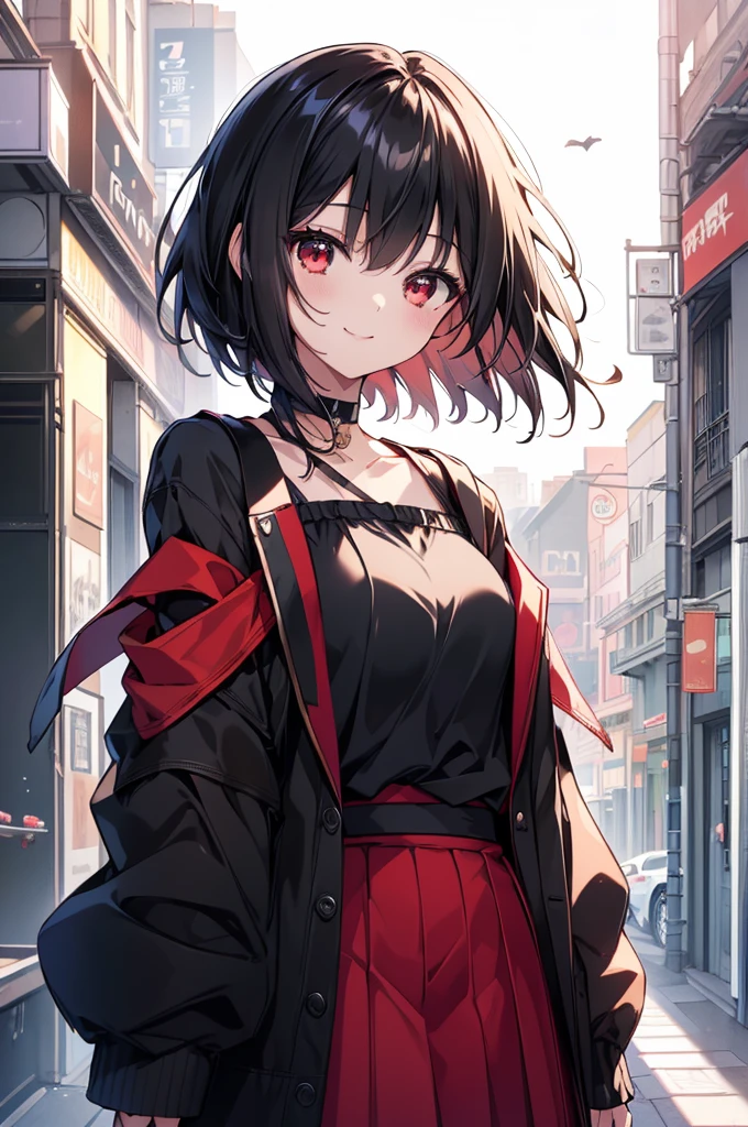 (masterpiece, highest quality, highest quality, (No text), Beautiful and aesthetic:1.2),No text,アニメ、BREAK,One Girl，Black Hair Girl　 adult　short hair　older sister　choker　Beautiful eyes　Red eyes　cool　smile　Black and Red　skirt　Black jacket　whole body　In town