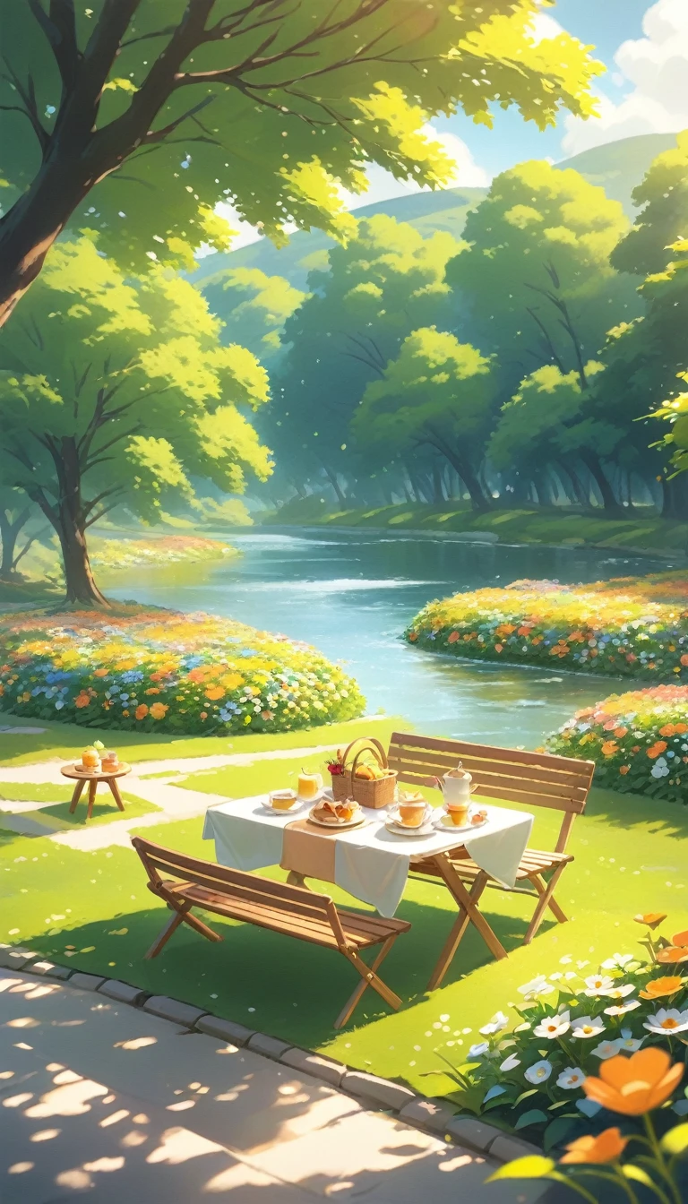 landscape Afternoon Tea, Flower garden Cozy,Orange Pink ,picnic ,river , There are no human characters,No people