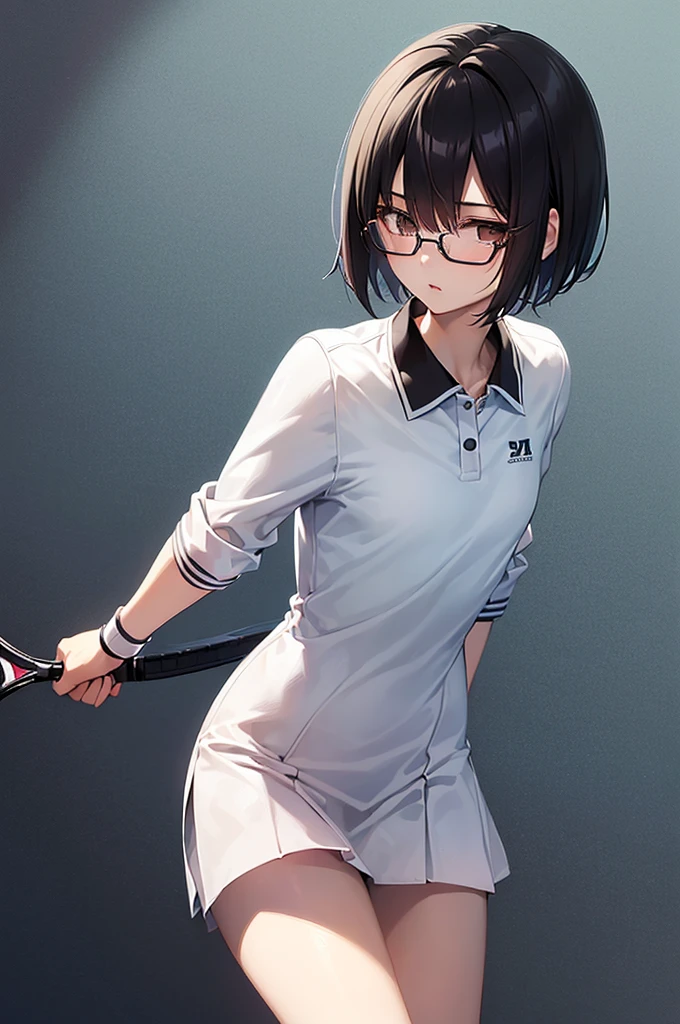 masterpiece, best quality,anime style, 1 girl,(((slender body))), (((small eyes))),(((tennis uniform,glasses))), (beautiful face), (((short hair))), (((straight hair))), ((((black hair)))),detailed beautiful skin, (perfect hands, perfect anatomy),scream