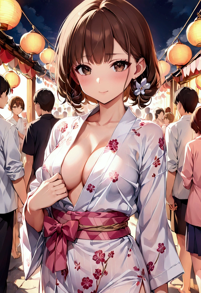 高いquality illustration, masterpiece, Very delicate and beautiful, Slender body, Anime Style, Beautiful Eyes, masterpiece, Highest quality, High resolution, Very detailed, Perfect lighting、very young、1 female、、Brown Hair、Blushing、Front shot、Cleavage、Festivals、yukata