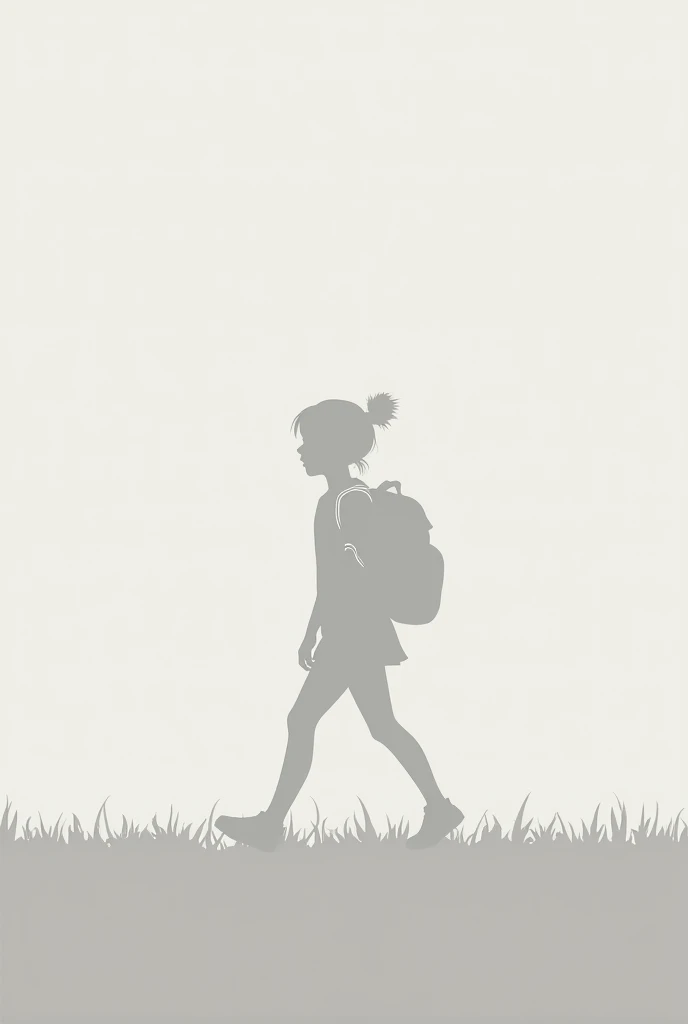 Illustrates a girl walking with a backpack in a wide shot, walking to the left with black background, Gray and white