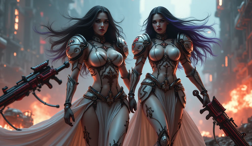 Full body pose sexy sisters of battle from the warhammer 40k, shooting at the enemy, white armor with intricate details, red armor with intricate details, religous symbols on the armor, sisters of battle, warhammer 40k, Massive silicone breast, pale skin, seductive, temptation, eat your soul, clevage, long flowing black hair with purple highlights, heavy gothic makeup, at night, neon, beautiful detailed eyes, beautiful detailed lips, extremely detailed eyes and face, long eyelashes, highly detailed armor, intricate futuristic weaponry, dramatic lighting, cinematic composition, muted color palette, gritty and realistic, mecha, science fiction, hyper-detailed, photorealistic, award winning digital art, 8k, HDR
