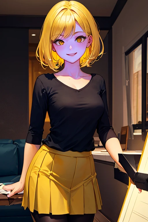 high quality, subsurface scattering, chromatic lighting,
colorized, yellow + black limited color palette,
detailed concept drawing,
in a private room, skirt,
portrait, 20yo 1girl, medium soft breasts, slender, yellow hair, yellow eyes, smiling