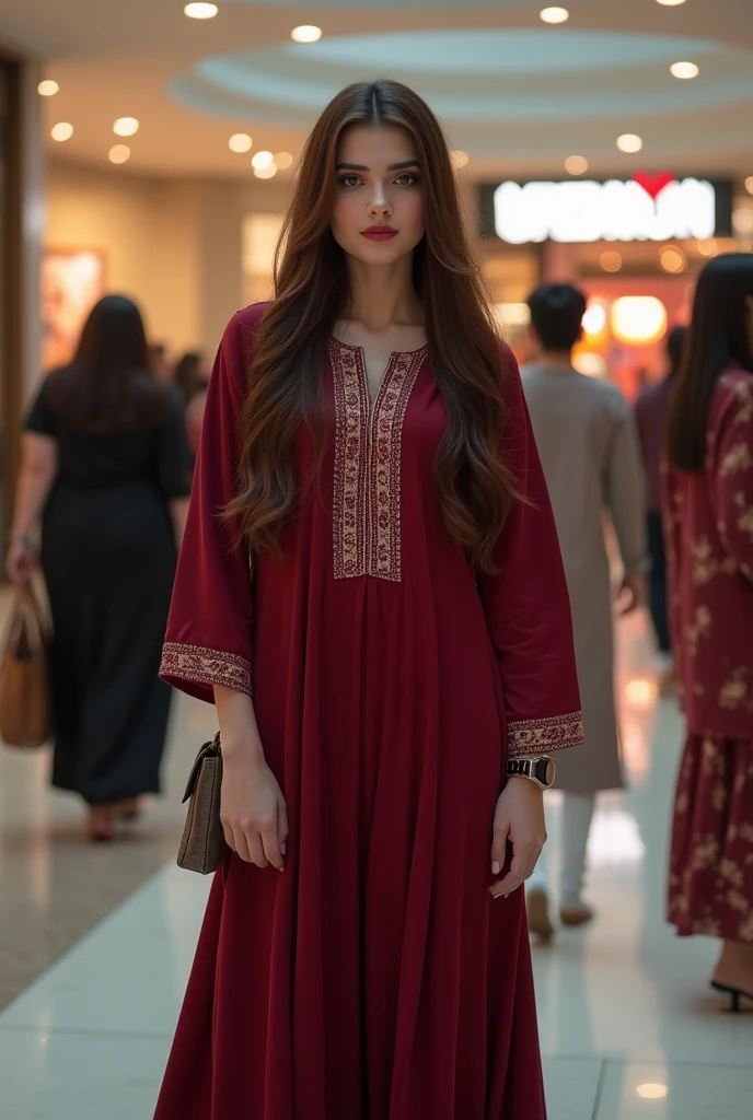 (photorealism:1.2), beautiful pakistan muslim woman full height picture in pakistani dress, maroon kapri kurta maroon pumpy long hair white skin tone red lipstick brown eyes stand in mall with freinds