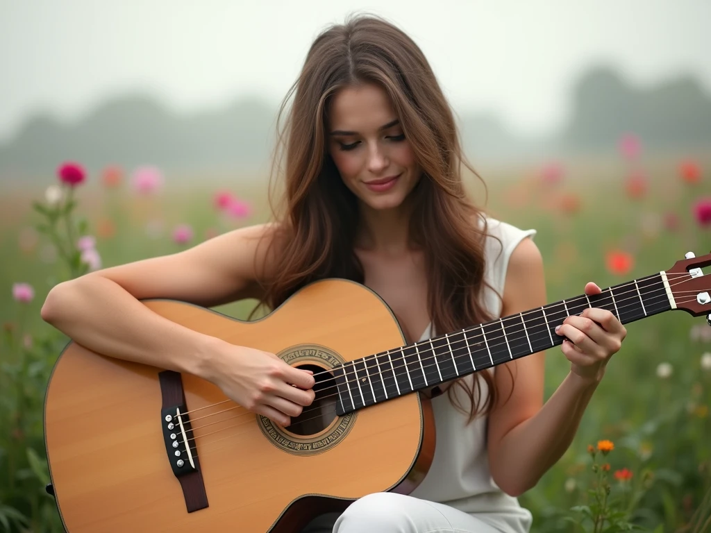 fot, taken from a distance that shows the entire body, She is very young, plein-air, in a flower garden, sexy short dress, medium hips, Caucasian skin, sad for a lost love, long brown hair, a softened wry smile - contained excitement, Soft lighting on your face, realistic skin-clothes-hair textures, sky blue eyes carpeted mist, beautiful real textures and delicate aesthetics, full body view, playing guitar, notable for natural feminine beauty, noise, 8 k quality, FOTO RAW, by professional photographer, rule of thirds, Extremely Detailed