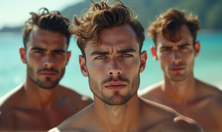 [((highly detailed, detailed eyes, detailed face, clear and realistic facial features, photorealistic, realistic light, cinematic, close up)), ((((3 men)))), (((each man looks unique, each man has a different natural hair color, each man has different facial features))), ((((((each man has a different ethnicity))))), ((((sexy muscular male college-age jocks standing on the beach and looking angry or frustrated)))), ((wearing casual clothes)), ((beautiful deserted tropical island with a storm in background))]
