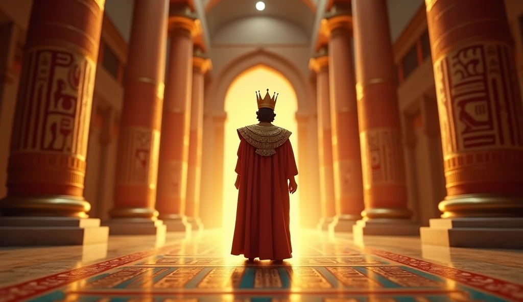 A captivating miniature showing Joseph standing, confident, in front of the Pharaoh, adorned with royal robes and a golden crown. The background features a grand Egyptian palace with hieroglyphics and gold details.. Use a color palette of rich gold and deep red to convey power and royalty. Incorporate a bright light effect around Joseph to highlight his strength and determination..