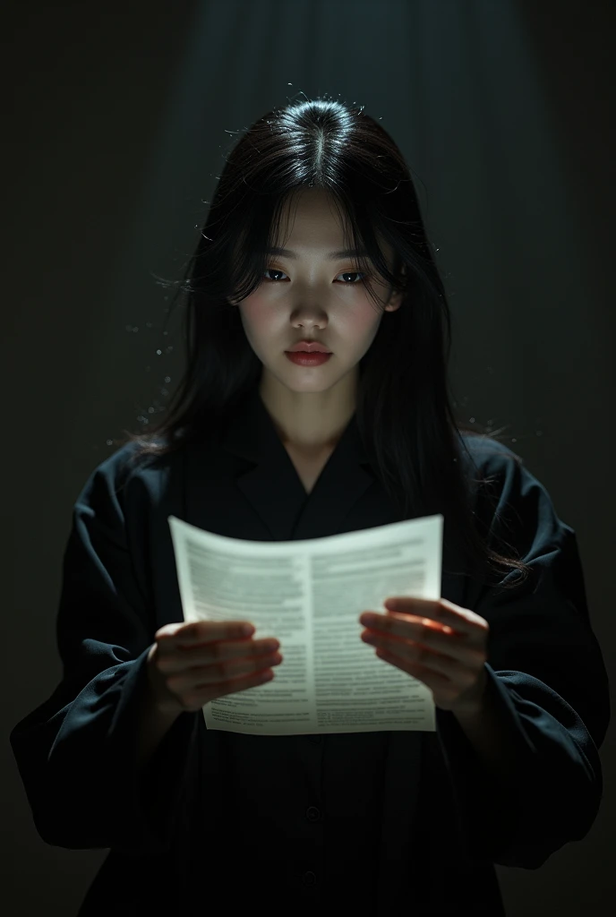 Dark image of a beautiful young Korean woman with papers in her hands