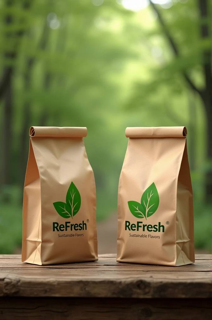 a mockup of two kraft bags with the leaf logo and the company name (ReFresh) e o slogan: Sustainable Flavors (make everything in brown and green colors) at a table in the forest (both identical)