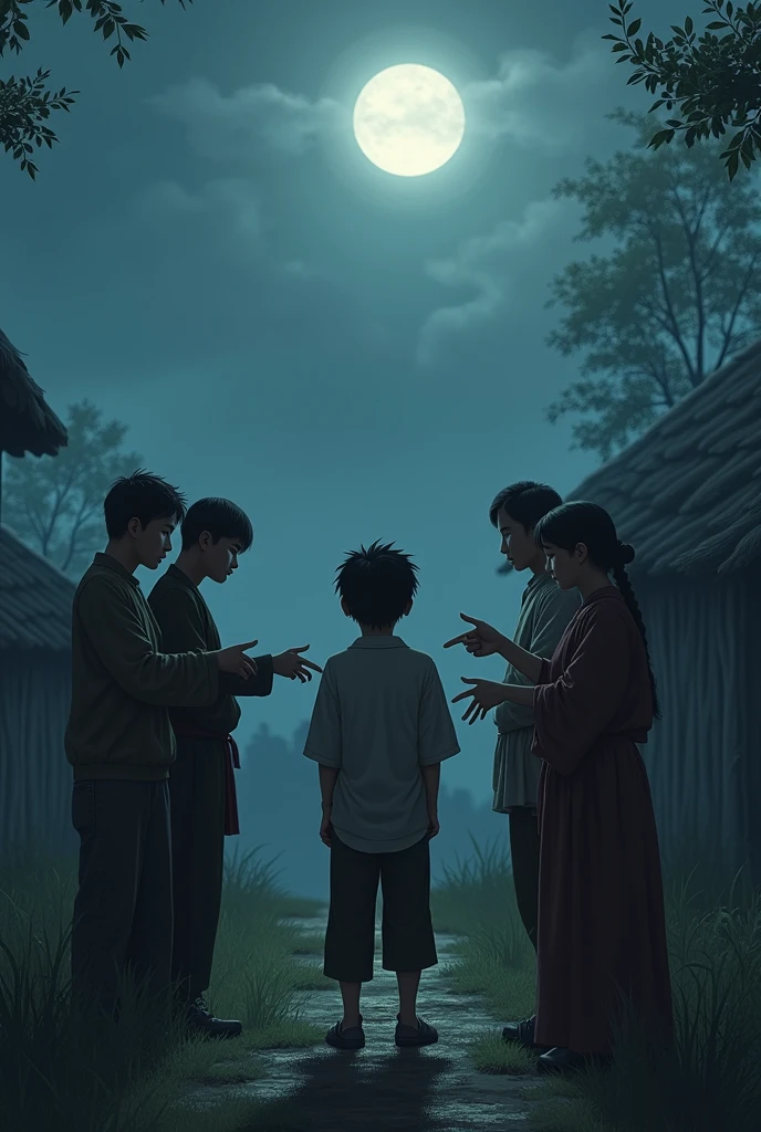 (photorealism:1.2), एक गाँव जिसमें 4 लोगो का सामुह एक 
 अकेला  24 साल निराशा से भरे हुए एक लड़के को  उंगली दिखते हुये आपस में बात कर रहे हैं चण्द्रमा की हल्की-फुल्की रोशनी एक अकेले 
 उदार निराश लड़के को उंगली दिखते हुये आपस में बात करते हुए 
