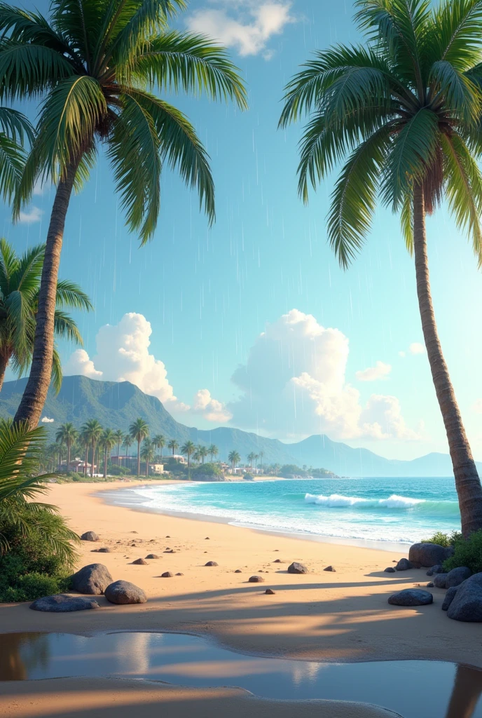 An animated 3D image of a rainy morning on the beach of the port of Mazatlan