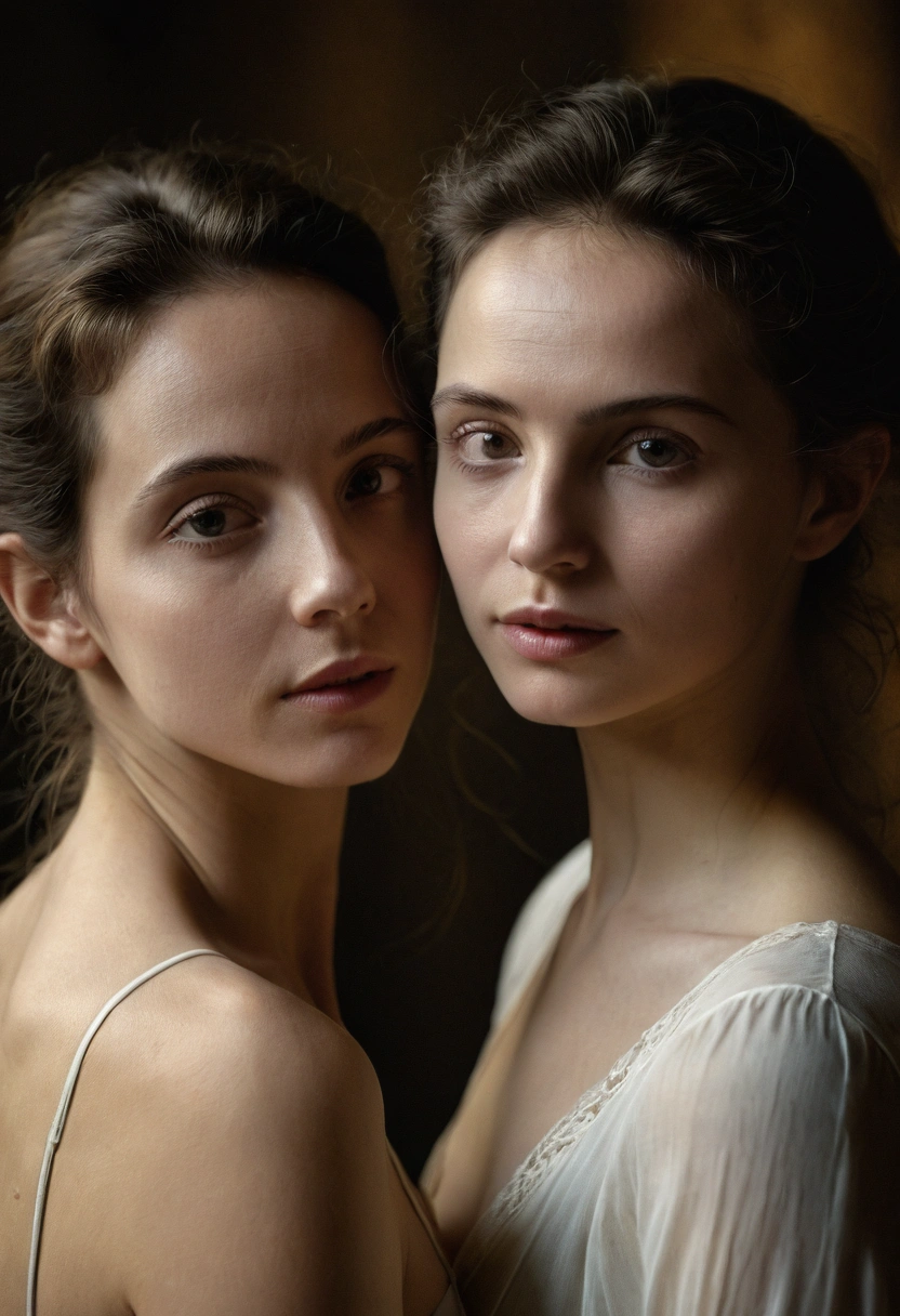 un portrait sensuel de deux femmes, proche et intime, un rendu 3D magistral, très détaillé, Photoréaliste, Éclairage cinématographique, clair-obscur, mise au point douce, Romantique, tendre, érotique