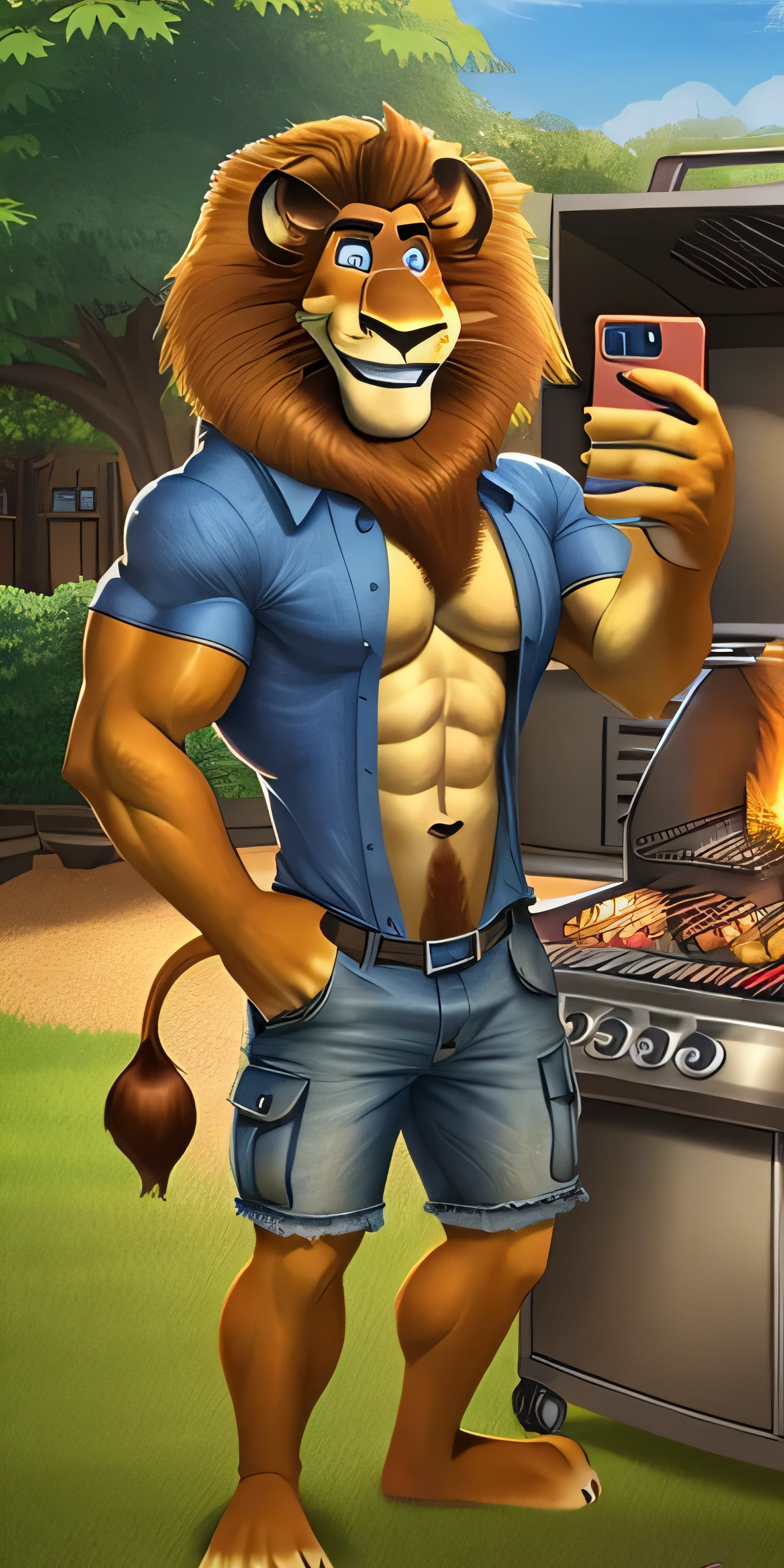Alex the Lion, muscular body, big biceps, six pack abs, perfectly detailed blue eyes with perfectly detailed pupils, extremely beautiful and cute face, wears unbuttoned blue shirt, denim cargo shorts, bare feet, park background, selfie, friendly look, cute and gentle smile, roasts kebabs on the grill