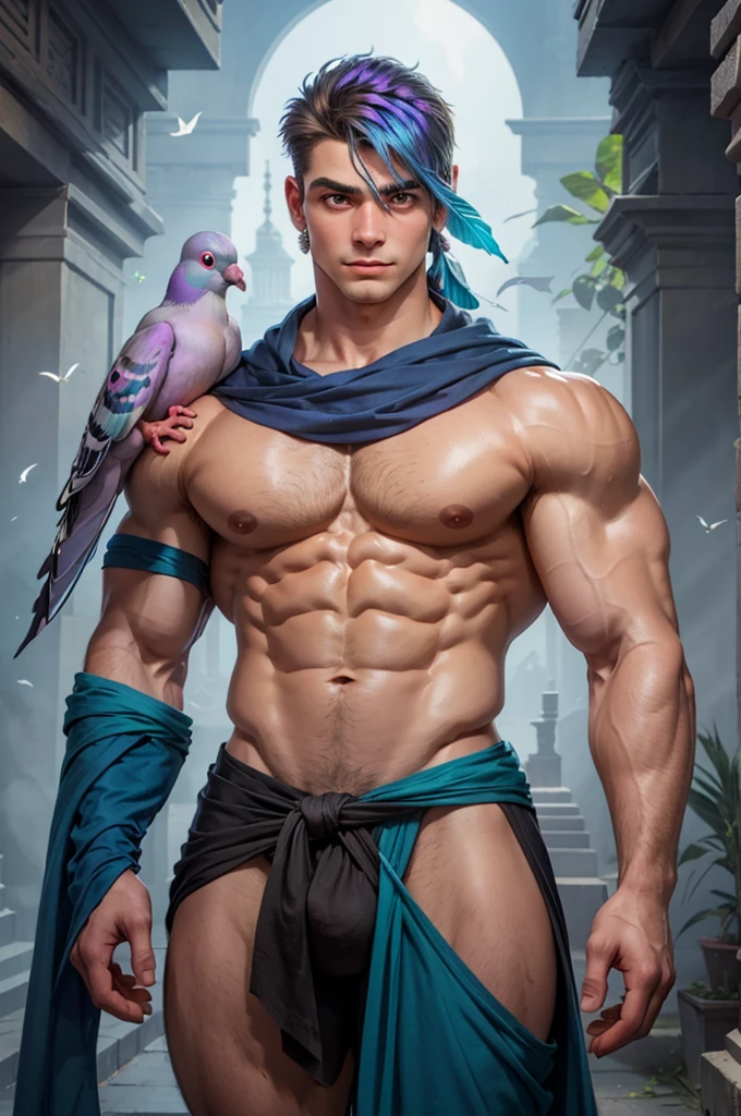 Create an image of a humanoid creature with the head of a pigeon and a muscular human body. The pigeon head should be the main focus, featuring a cute and gentle pigeon face with a small, curved beak, bright round eyes, and soft, detailed feathers. The feathers should have the natural iridescent colors of a pigeon, showcasing a gradient of blue and purple hues that shimmer in the light. Ensure the head maintains a charming and adorable pigeon expression, while being proportionally larger to emphasize the bird aspect. The muscular human body should resemble that of a bodybuilder, with well-defined muscles, broad shoulders, and a strong six-pack. The creature stands confidently in an ancient temple, with an expression that combines the innocence of a pigeon and the strength of a human. The background should be detailed with old stone columns and vines growing around them, giving a mystical atmosphere. Use a realistic style with a balanced color palette that enhances the creature's unique and endearing appearance