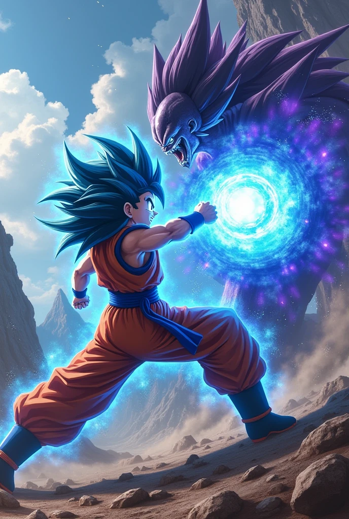 Create a dramatic image of Goku facing Frieza Black in an epic battle. Goku is in his Super Saiyan Blue form, with his bright blue aura wrapped around him, while Freeza Black, with a dark and threatening appearance, is in his black form and his purple and black aura. The scene must take place in a devastated environment, with a landscape of broken mountains and craters in the background, highlighting the intensity of the fight. Goku is in a fighting pose, launching a powerful energy attack, while Freeza Black está se defendendo com um escudo de energia escura. The image must capture the action and energy of the battle, with sparks and explosions all around, and a general sense of tension and confrontation between the two powerful warriors."