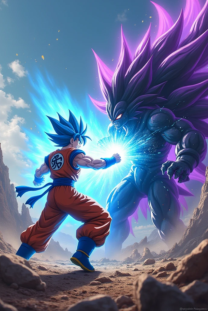 Create a dramatic image of Goku facing Frieza Black in an epic battle. Goku is in his Super Saiyan Blue form, with his bright blue aura wrapped around him, while Freeza Black, with a dark and threatening appearance, is in his black form and his purple and black aura. The scene must take place in a devastated environment, with a landscape of broken mountains and craters in the background, highlighting the intensity of the fight. Goku is in a fighting pose, launching a powerful energy attack, while Freeza Black está se defendendo com um escudo de energia escura. The image must capture the action and energy of the battle, with sparks and explosions all around, and a general sense of tension and confrontation between the two powerful warriors."