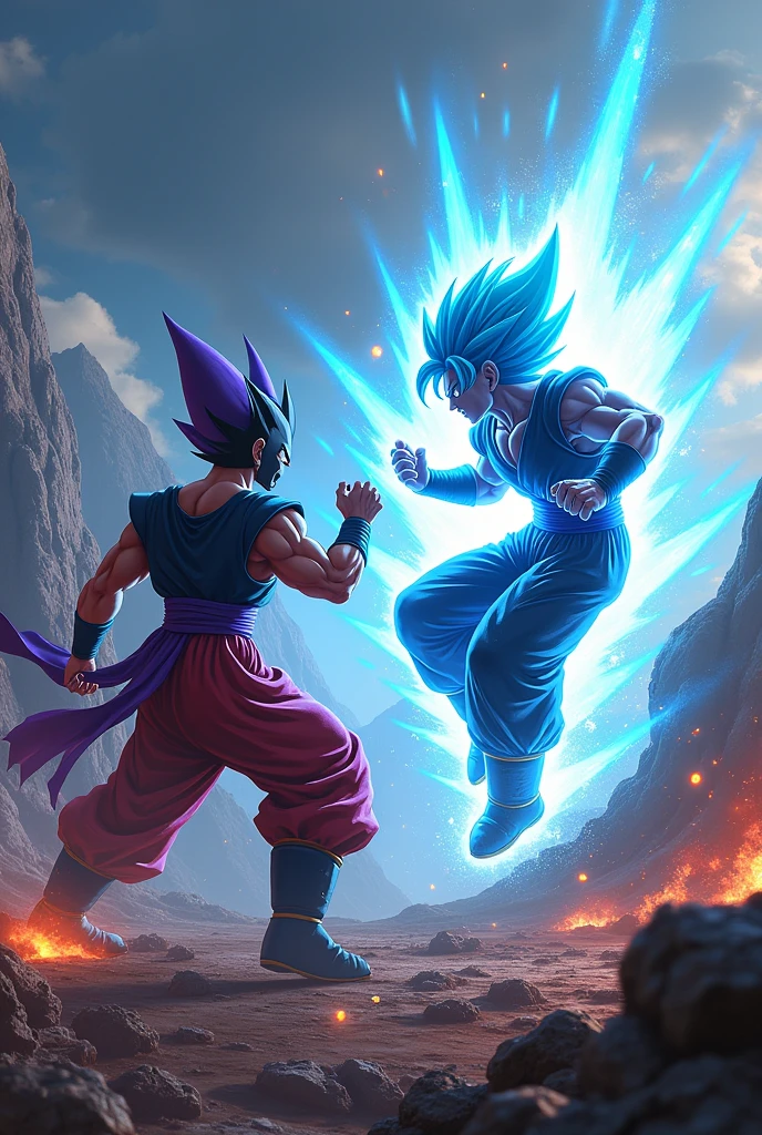 Create a dramatic image of Goku facing Frieza Black in an epic battle. Goku is in his Super Saiyan Blue form, with his bright blue aura wrapped around him, while Freeza Black, with a dark and threatening appearance, is in his black form and his purple and black aura. The scene must take place in a devastated environment, with a landscape of broken mountains and craters in the background, highlighting the intensity of the fight. Goku is in a fighting pose, launching a powerful energy attack, while Freeza Black está se defendendo com um escudo de energia escura. The image must capture the action and energy of the battle, with sparks and explosions all around, and a general sense of tension and confrontation between the two powerful warriors."