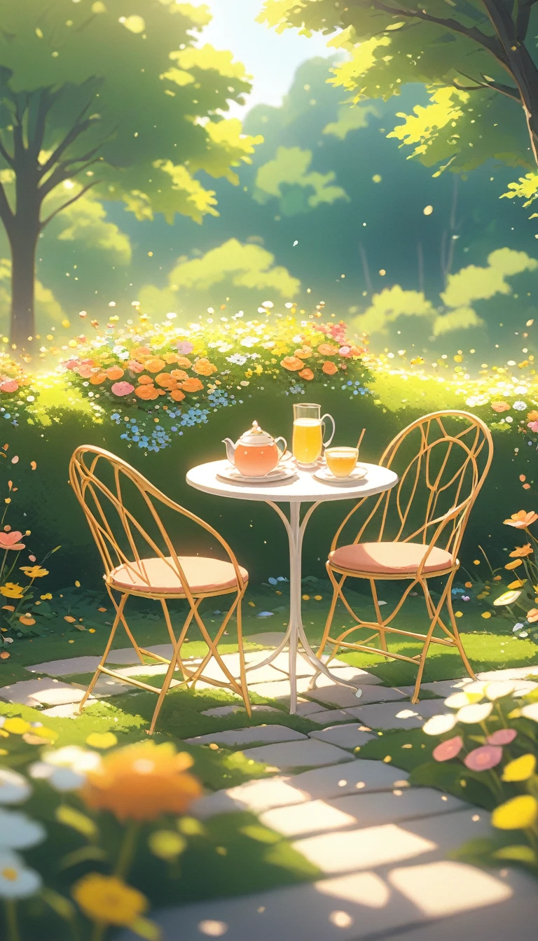 landscape Afternoon Tea, Flower garden Cozy,Orange Pink ,There are no human characters,No people