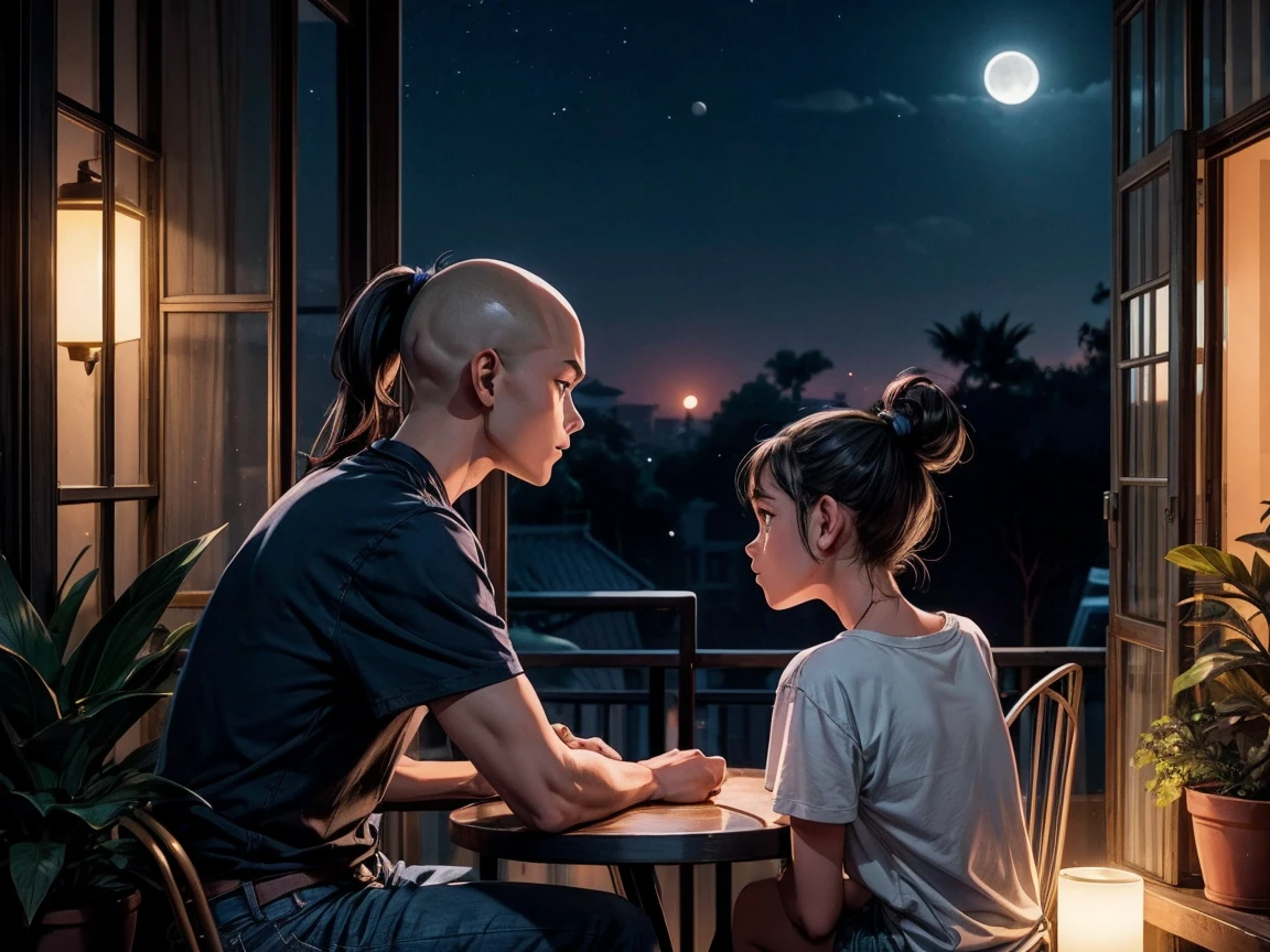 night shot, moon light, 1boy 1 girl, wearing t shirt and jeans, boy with bald head, girl with ponytail, sitting in foldable chairs facing each other, in a balcony. dual coloured sky, moon, wes anderson style, far shot, potted plants in balcony, forest silhoutte in background, far view