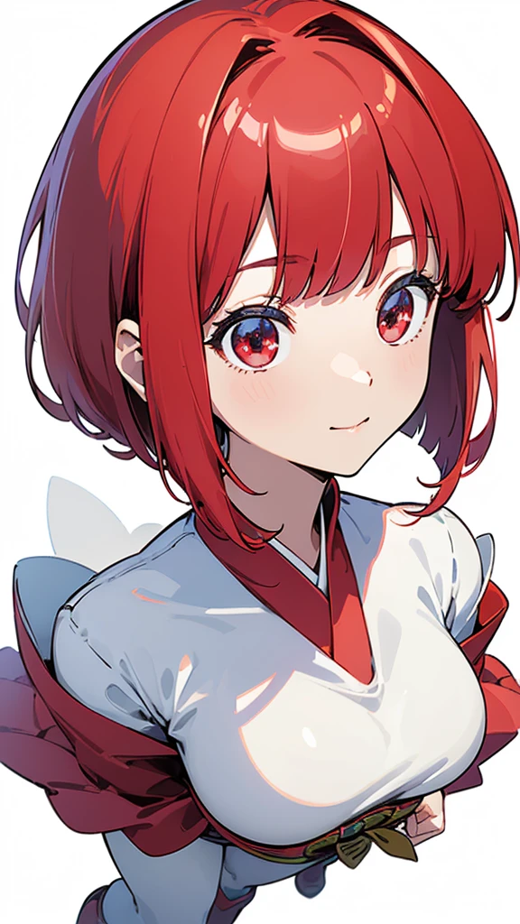 ((((masterpiece, Best Quality, Ultra-high resolution、Best illustrations))))、((Portrait wallpaper half body of a person standing against a white background))、anime、A highly concentrated individual、(Very delicate and cute face)、(Sparkling Eyes)、A beautiful princess crown 、smile、Red cheeks、short shoulder red hair、Clean red eyes、Long red hakama、Knee-high boots、He is wearing a fairy wand at his waist.、Standing straight, facing slightly ahead.、((Perfect hands))、