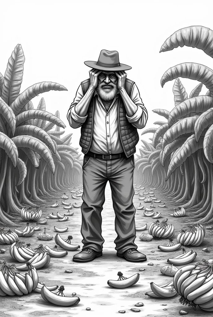 Create an easy to draw black and white drawing, of a slightly older man with a beard and a hat looking worried, frightened and sad at the same time , put your hands on his head , and put it on a banana plantation that is fallen to the ground and destroyed, Put the said man with his hands on his head and staring at the bananas on the floor , Make the bananas small but well watered.
Put a hat on the man and put plenty of bananas on the ground, places the man standing staring at the bananas on the ground