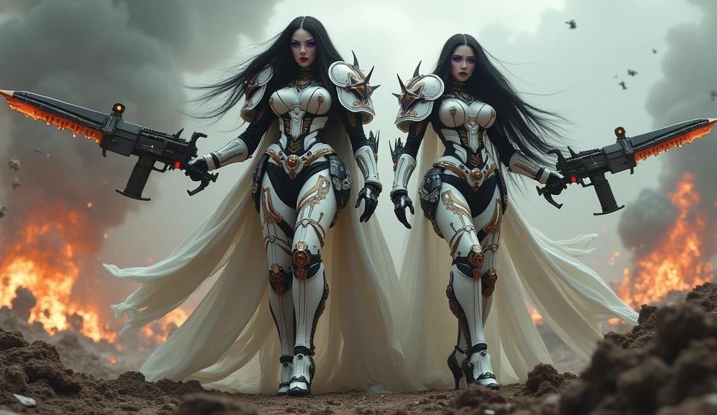 Full body pose sexy sisters of battle from the warhammer 40k, white armor with intricate details, religous symbols on the armor, sisters of battle, warhammer 40k, Massive silicone breast, pale skin, seductive, temptation, eat your soul, clevage, long flowing black hair with purple highlights, heavy gothic makeup, at night, neon, beautiful detailed eyes, beautiful detailed lips, extremely detailed eyes and face, long eyelashes, highly detailed armor, intricate futuristic weaponry, dramatic lighting, cinematic composition, muted color palette, gritty and realistic, mecha, science fiction, hyper-detailed, photorealistic, award winning digital art, 8k, HDR, masters work, in the middle of a battle field, full body combat action pose, explosions and fire around, full war, stunning, Stilleto heels, high heels, full body pose, cinematic, movie trailer, final stand!, nemesis, ready to strike, dust and debree, combat screams, attacking. shooting at the enemy, running forward, last line of defense, charging, fanatic, religious, templar knights, sisters of battle, warhammer 40k