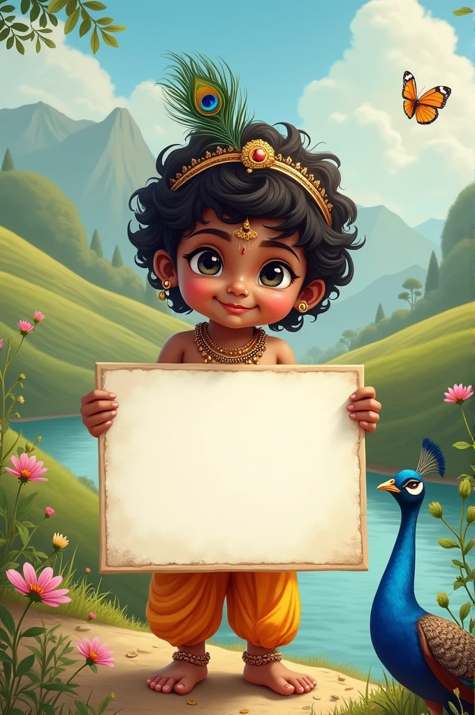 Little krishna with a blank poster