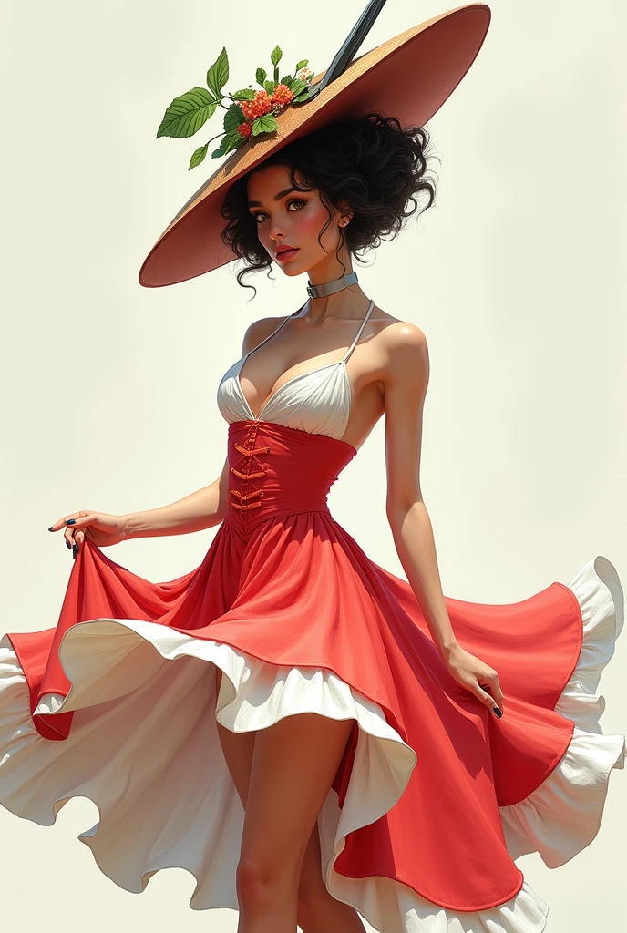 Maria Navalha with a red and white skirt and a hat with a leaf and razor