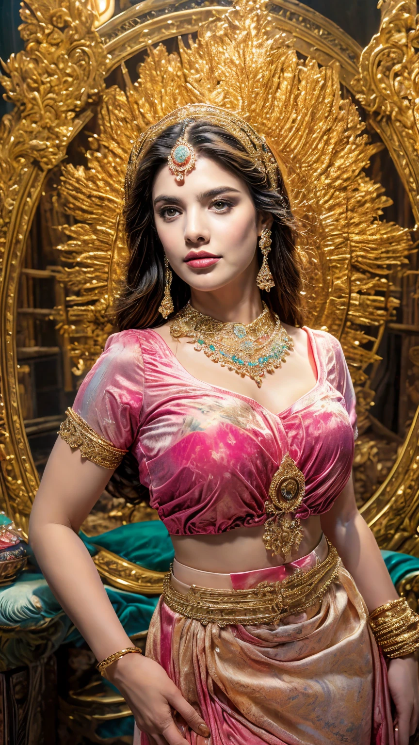 ((Best quality, 8k, Masterpiece :1.3)), Sharp focus :1.2, Generate a realistic image of a beautiful sexy Indian woman plus size body: 8.5 (masterpiece like a princess) (body like divine girl) dressed divine white clothes pink skirt print v neck plus size giant blouse + belt, adorned with traditional ornaments, standing in a well-lit room with cinematic lighting. ((Front view, random elegant pose)), and there is a sense of grace and elegance in her posture. The background should complement the scene, enhancing the overall aesthetic appeal of the image. Photography by Brandon Woelfel, Full shot: Canon EF 16-35mm f/2.8L III USM lens on a Canon EOS 5D Mark IV camera, ultra realistic, 32k, HD