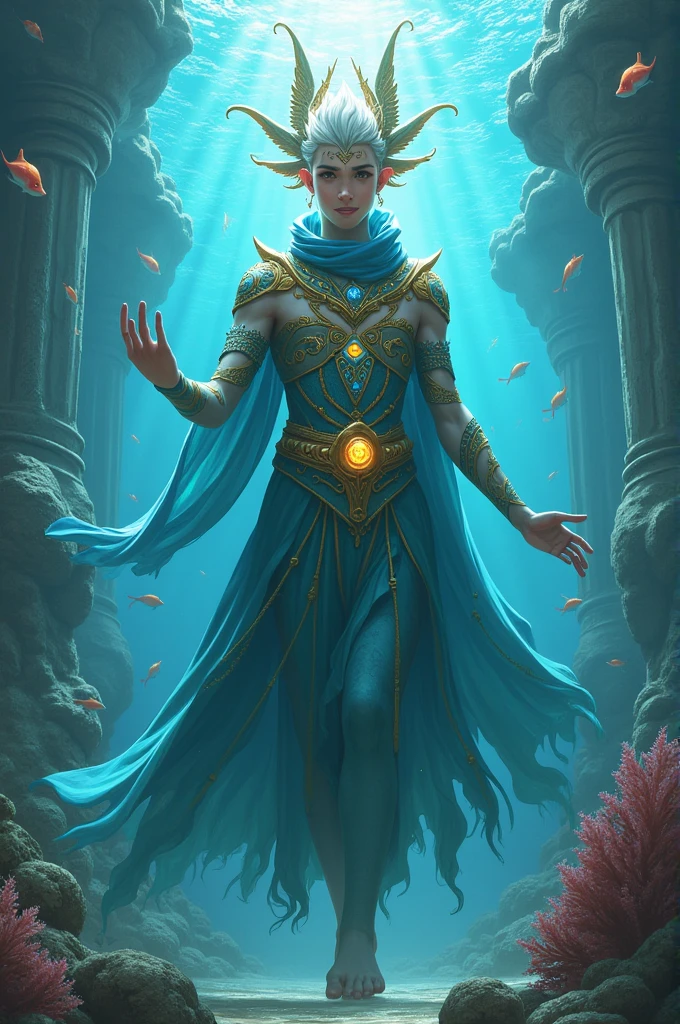 His name is Perzeo and he is the son of the kings of Atlantis. He is and a happy who controls water and talks to aquatic animals.