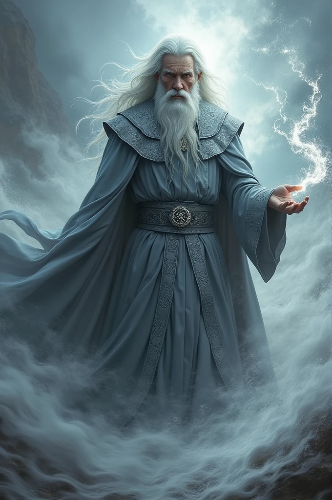 A man with white hair and gray clothes with silver details, using a gray magic to control the winds around