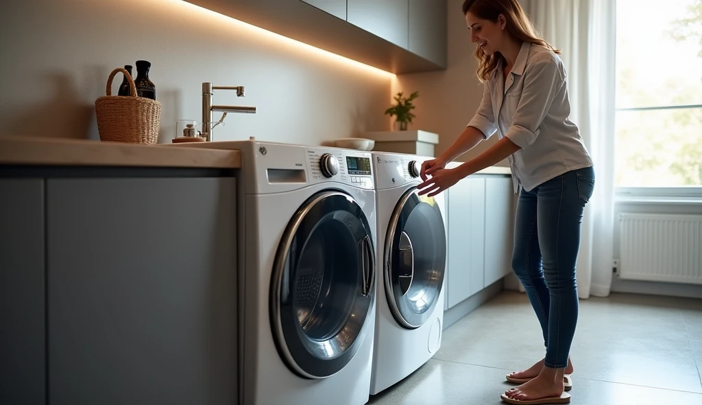 a woman used the LG 12kg Smart VC4 CV5012WC4 washer and dryer with. text "Lava e Seca LG 12kg Smart VC4 CV5012WC4”